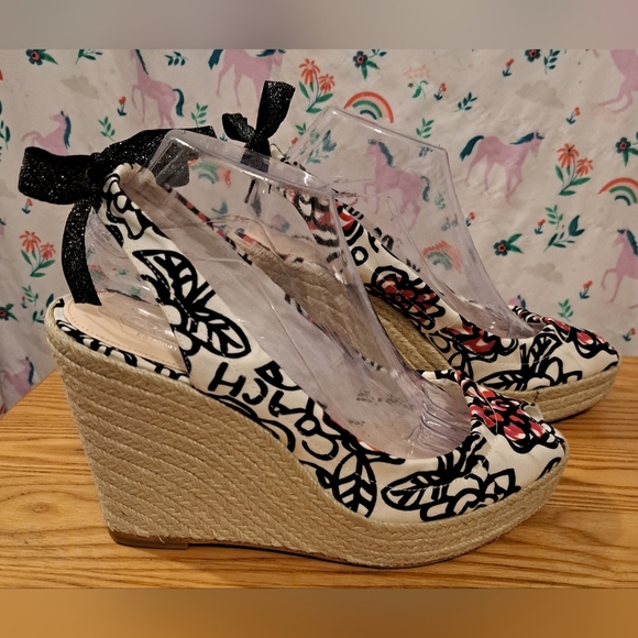 EUC Y2K Coach Poppy Maritza White Floral Jute Summer Boho Heel Wedge Shoe SZ 9B - Picture 1 of 10
